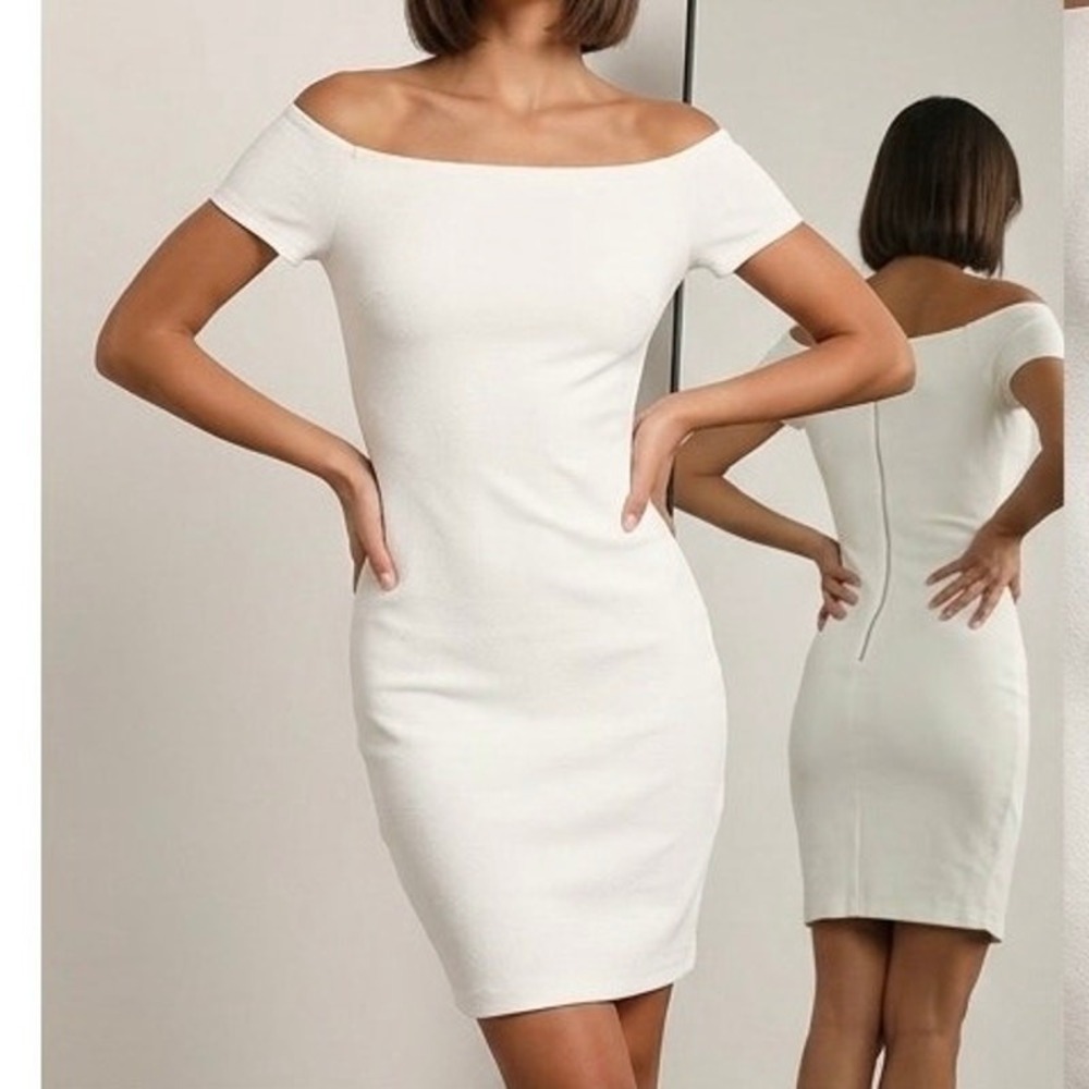 NWT Lulus White Off-the-Shoulder Bodycon Mini Dress | Classic Chic Size Medium‎